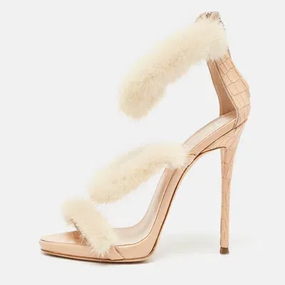 Pre-owned Giuseppe Zanotti Beige Mink Fur And Textured Leather Ankle Strap Sandals Size 37