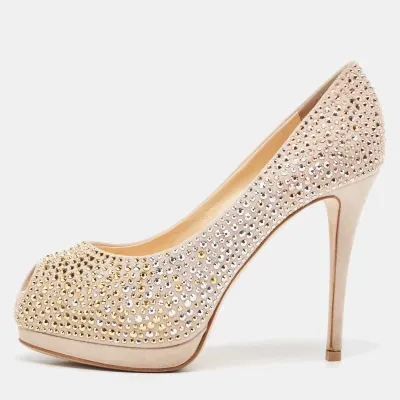 Pre-owned Giuseppe Zanotti Beige Suede Crystal Embellished Peep Toe Platform Pumps Size 36