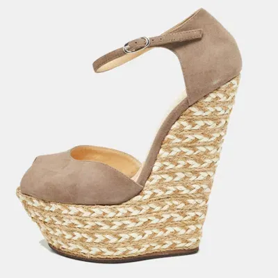 Pre-owned Giuseppe Zanotti Beige Suede Wedges Peep Toe Espadrille Size 36