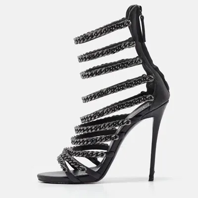 Pre-owned Giuseppe Zanotti Black Leather And Chain Strappy Sandals Size 37.5