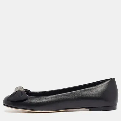 Pre-owned Giuseppe Zanotti Black Leather Crystal Bow Ballet Flats Size 37.5