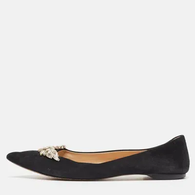 Pre-owned Giuseppe Zanotti Black Suede Crystal Embellished Ballet Flats Size 40