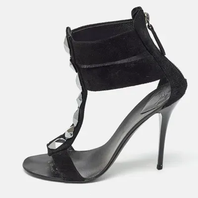 Pre-owned Giuseppe Zanotti Black Suede Crystal Embellished T-bar Ankle Strap Sandals Size 37.5