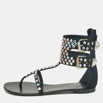 Pre-owned Giuseppe Zanotti Black Suede Crystal Embellished Thong Ankle Cuff Flat Sandals Size 37