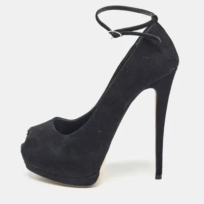 Pre-owned Giuseppe Zanotti Black Suede Peep Toe Platform Ankle Strap Pumps Size 38.5