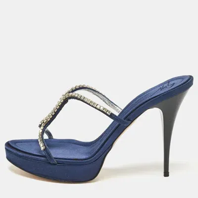 Pre-owned Giuseppe Zanotti Blue Satin Crystal Embellished Platform Slide Sandals Size 39