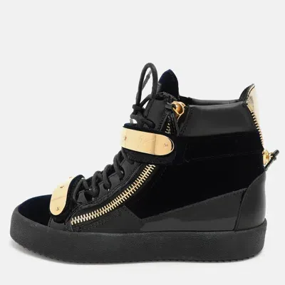 Pre-owned Giuseppe Zanotti Blue/black Velvet And Leather Coby High Top Sneakers Size 38