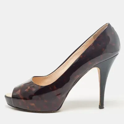 Pre-owned Giuseppe Zanotti Brown/black Printed Patent Leather Peep Toe Pumps Size 38.5