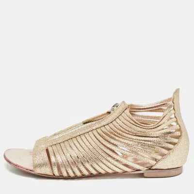 Pre-owned Giuseppe Zanotti Gold Glitter Zipped Caged Flat Sandals Size 36 In Metallic