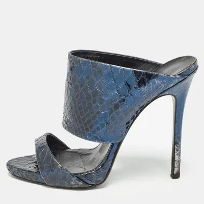 Pre-owned Giuseppe Zanotti Metallic Blue Python Embossed Leather Andrea Sandals Size 36