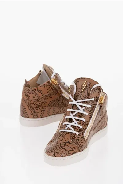 Giuseppe Zanotti Patterned Leather Mid-top Sneakers With Golden Zip In Brown