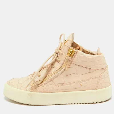 Pre-owned Giuseppe Zanotti Peach Croc Embossed Leather London High Top Sneakers Size 36 In Pink