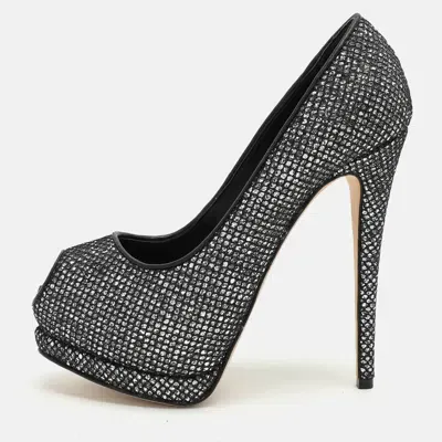 Pre-owned Giuseppe Zanotti Silver/black Glitter And Leather Platform Pumps Size 38