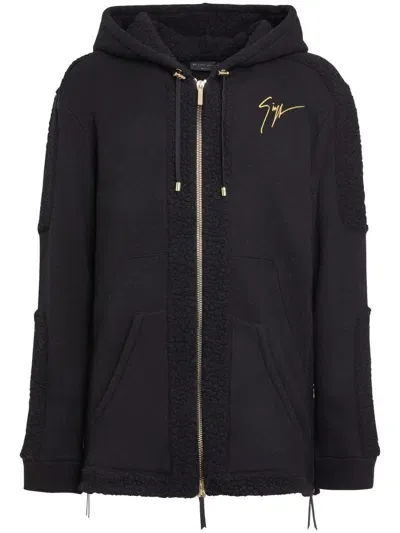 Giuseppe Zanotti Zip-front Shearling-trim Hoodie In Black