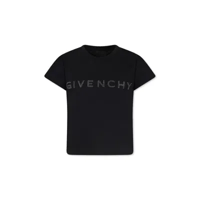 Givenchy Kids' Black T-shirt For Girl With Logo And Rhinestones