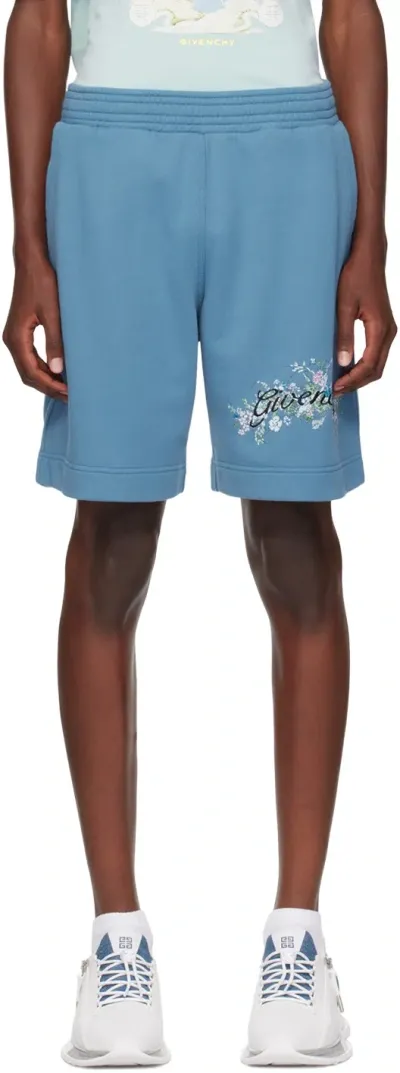 Givenchy Blue Floral Logo Shorts In 495-steel Blue