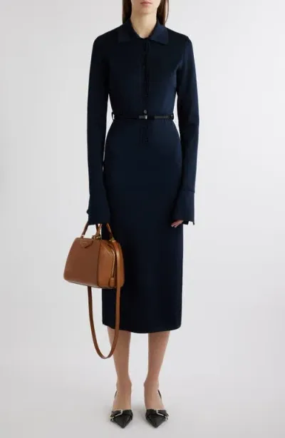 Givenchy Bow Belt Long Sleeve Midi Shirtdress In Navy