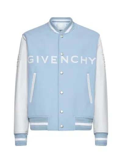 Givenchy Light Blue And White  Bomber Jacket In Wool And Leather In White/sky Blue