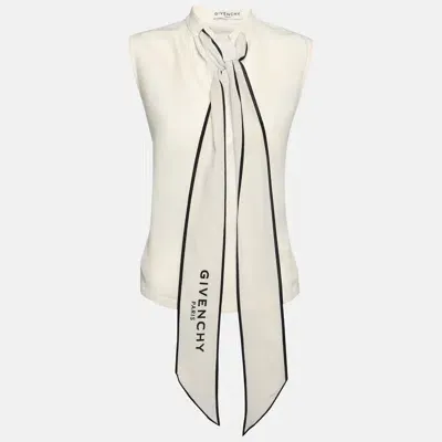 Pre-owned Givenchy Cream Silk Logo Scarf Detail Top S