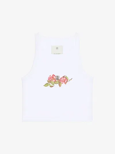 Givenchy Cropped Tank Top In Cotton With 4g And Roses Print In White