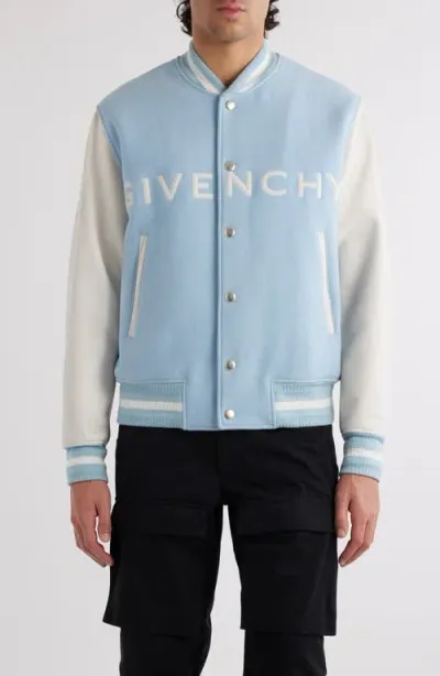 Givenchy Embroidered Logo Mixed Media Leather & Wool Blend Varsity Jacket In White/sky Blue