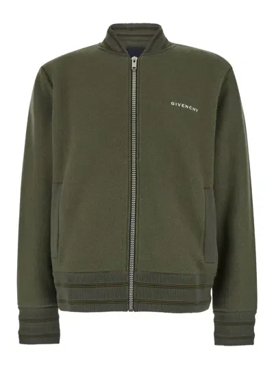 Givenchy Green Sweatshirt With Bomber Collar And 4g Logo In Wool Man