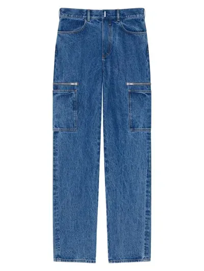 Givenchy Blue Marbled Denim Cargo Pants In Indigo Blue