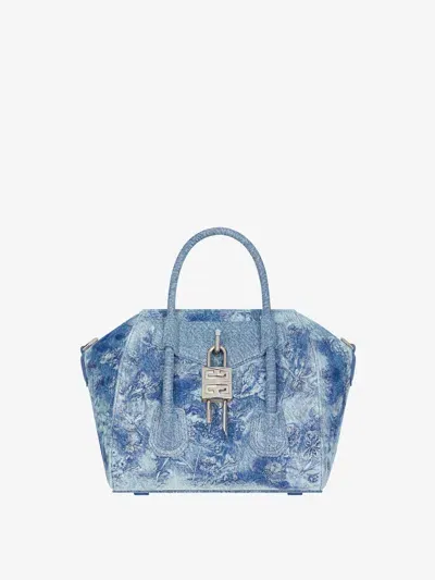 Givenchy Mini Antigona Lock Bag In Washed Embroidered Denim In Blue