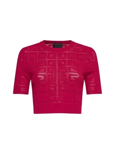 Givenchy 4g Jacquard Knit Short Sleeve Crop Sweater In Raspberry