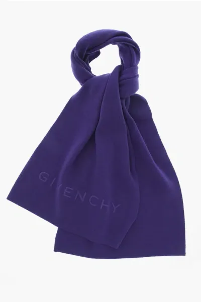 Givenchy Wool And Cashmere Maxi Scarf With Ton-sur-ton Logo In Blue