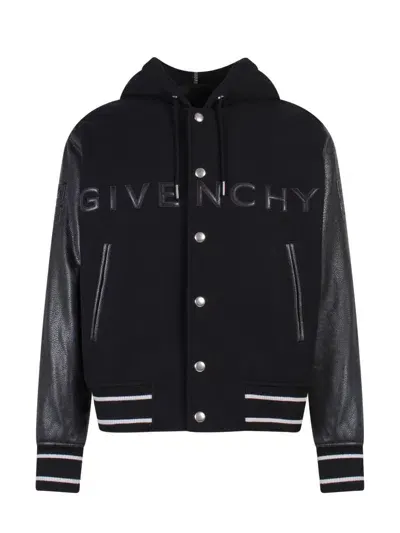 Givenchy Wool Blend And Leather Bomber Jacket With Frontal Logo In Black