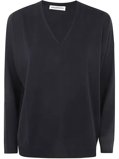 Goes Botanical Logn Sleeves Merinos Extrafine Super 140`s Over Vneck Sweater In Black