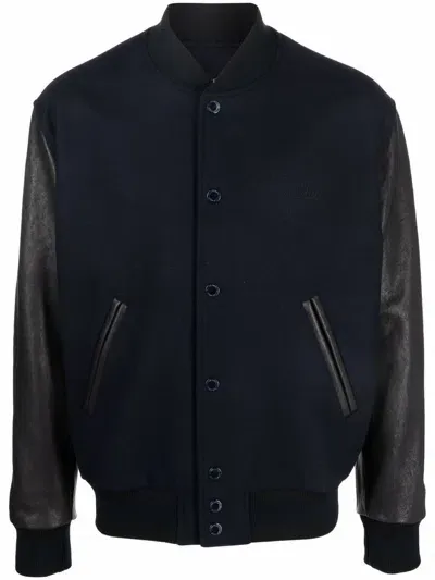 Golden Goose Blue Wool And Leather Bomber Jacket In Black