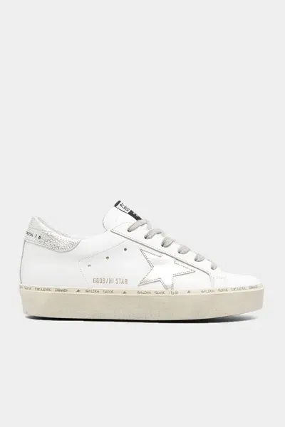 Golden Goose Hi-star Laminated Star Leather Sneaker In White Silver