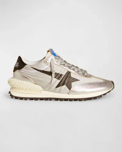 Golden Goose Running Sole Metallic Nylon Sneakers In Silver Black