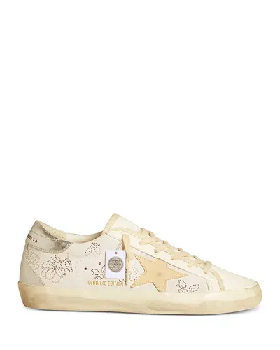 Golden Goose Women's Super Star Almond Toe Star Patch & Crystal Flower Sneakers In Optic White/smoke Gray/silver