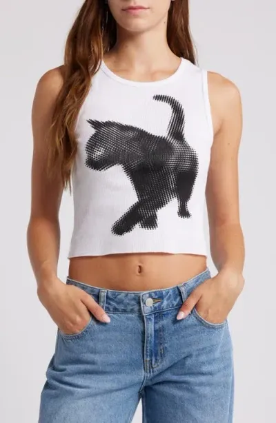 Golden Hour Black Cat Cotton Rib Graphic Tank In Washed Bright White