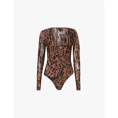 Good American Abstract-print Plunge-v-neck Stretch-woven Body In Black/brown