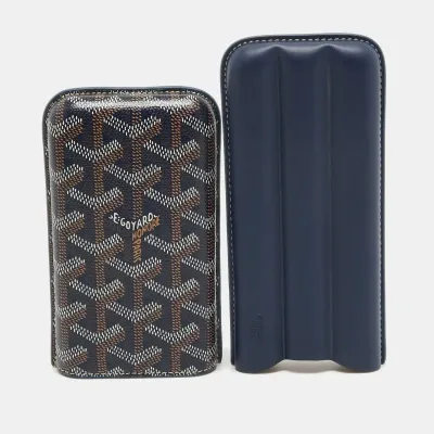 Pre-owned Goyard Ine Coated Canvas And Leather Churchill 3 Cigar Case In Navy Blue