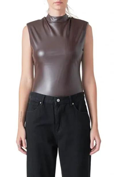 Grey Lab Mock Neck Faux Leather Bodysuit In Brown