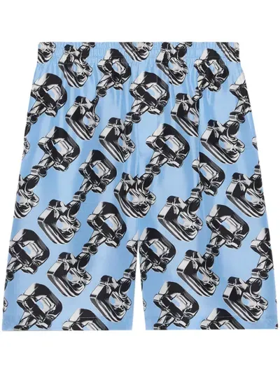 Gucci 3d Glass Horsebit-print Silk Shorts In Blue