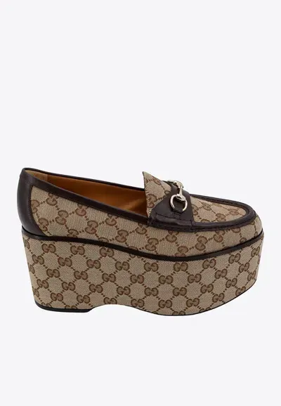 Gucci 90 Monogram Horsebit Platform Loafers In Beige