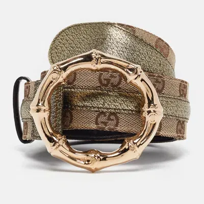 Pre-owned Gucci Beige Beige/green Gg Canvas And Leather Metal Bamboo Ring Belt 85cm