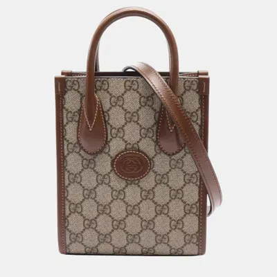 Pre-owned Gucci Beige Brown Coated Canvas Leather Gg Supreme Tote Bag