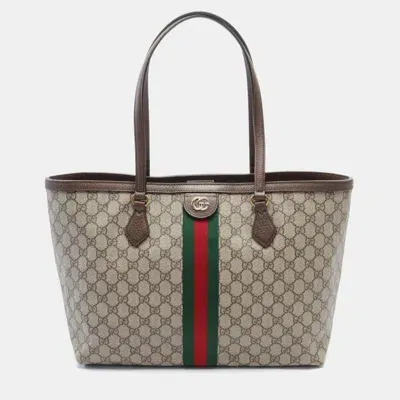 Pre-owned Gucci Beige Brown Multicolor Coated Canvas Leather Medium Tote Bag