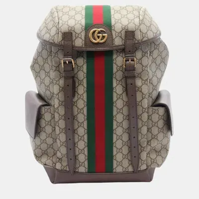 Pre-owned Gucci Beige Brown Multicolor Coated Canvas Leather Ophidia Gg Supreme Backpack