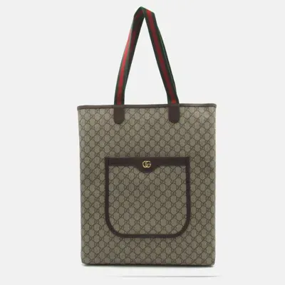 Pre-owned Gucci Beige Brown Pvc Coated Canvas Gg Supreme Tote Bag