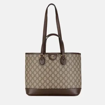 Pre-owned Gucci Beige Brown Pvc Leather Gg Supreme Tote Bag