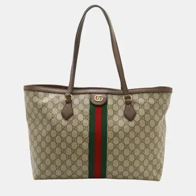 Pre-owned Gucci Beige Mocha Brown Pvc Leather Ophidia Gg Medium Tote Bag