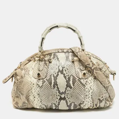 Pre-owned Gucci Beige Python Pop Bamboo Satchel